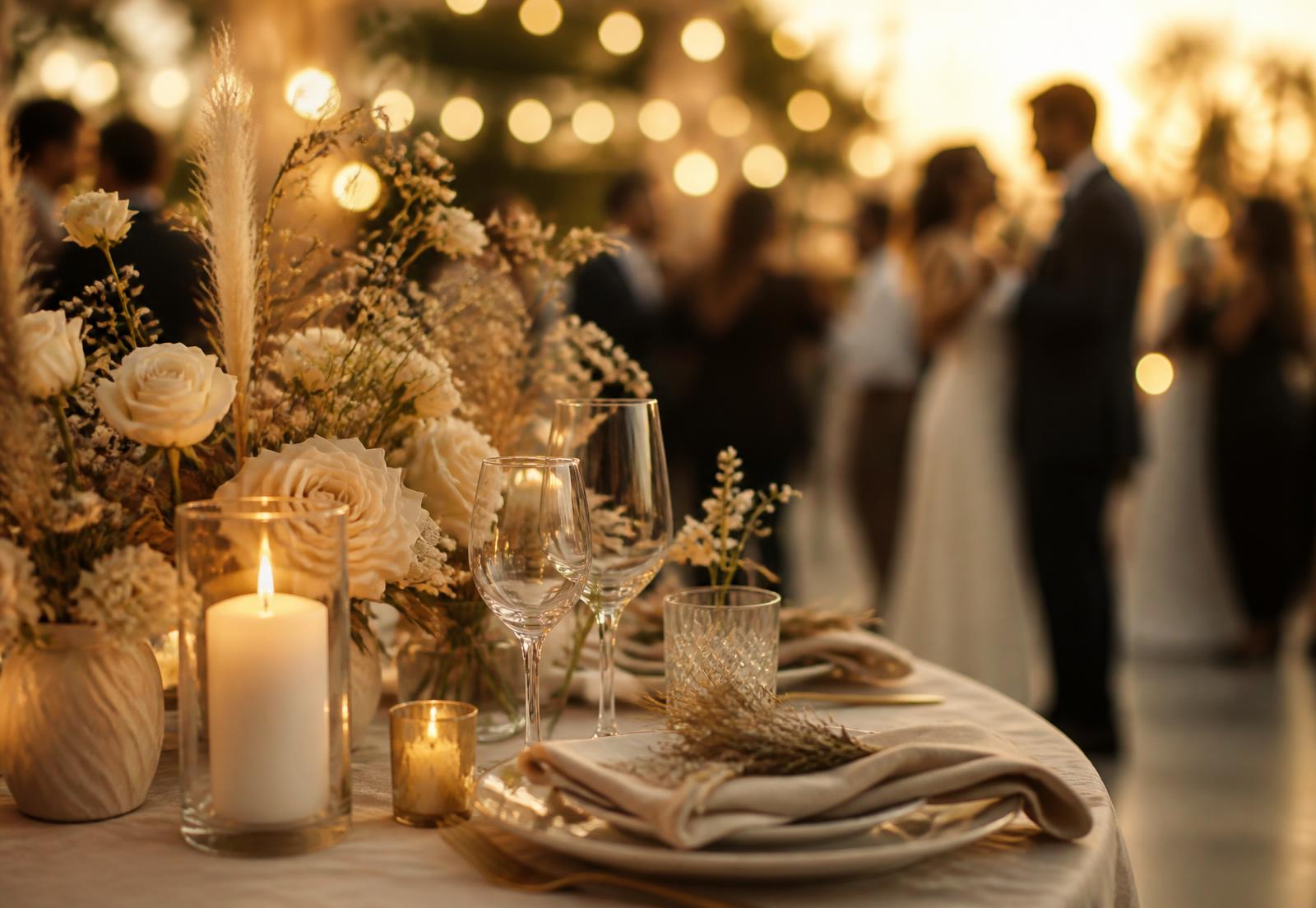 Candlelit reception table with dried flowers as guests dance at golden hour